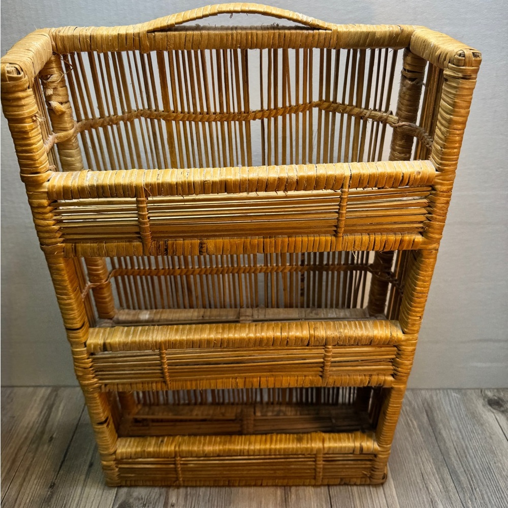Vintage Wicker Rattan Three Tier Bathroom Shelving Storage Unit Etagere
